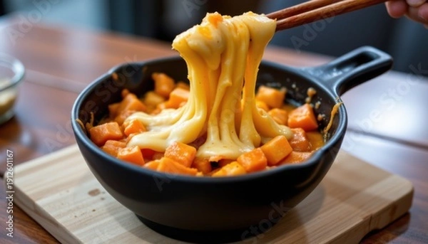 Fototapeta Warm Cheesy Dish with Stringy Melty Toppings