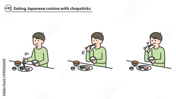 Obraz 箸で和食を食べる男の子