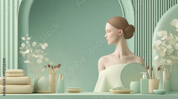 Obraz ミントグリーンに包まれたミニマルビューティーサロンの静寂ポートレート