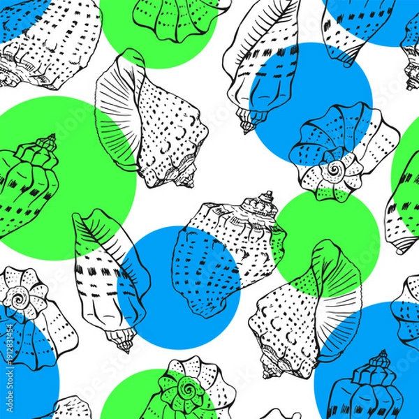 Obraz Seashells seamless pattern vector illustration. Hand drawn.
