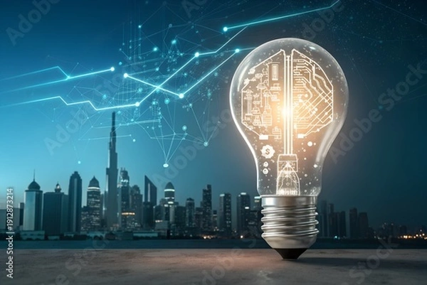 Obraz Technology Innovation Bulb – Conceptual Light Bulb Representing Ideas, Creativity, and Tech Solutions