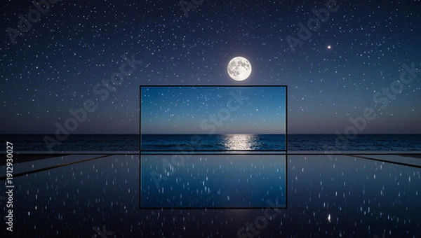 Obraz 広告ポスター　ガラス板鏡が反射する美しい三日月星空と水平線の海の風景	

