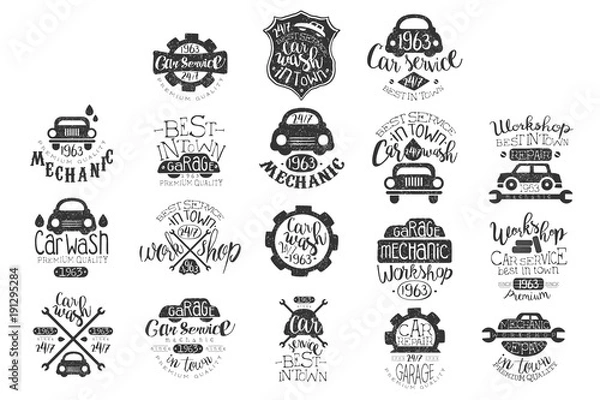 Fototapeta Vector set of vintage car emblems with hand lettering. Stylish monochrome labels. Typographic design for auto repair service or car wash. Textured grunge logo