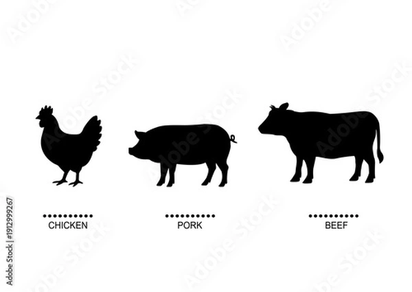 Obraz 鶏と豚と牛のシルエットイラスト　ビーフ　ポーク　チキン　シンプルなアイコン素材