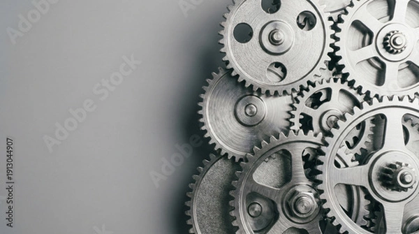 Obraz Metallic Gears Interlocking in a Dynamic Arrangement on a Gradient Background