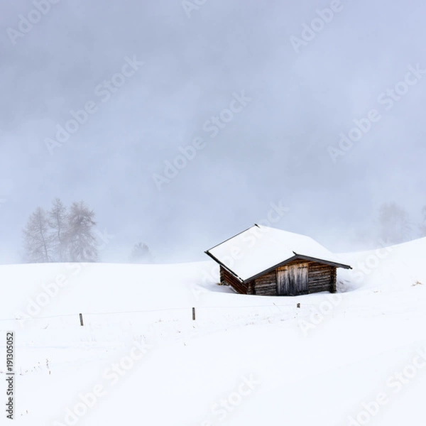 Obraz Hut in the snow. Magic atmosphere in the Dolomites