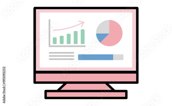 Obraz 業務データや売上を分析や可視化するデスクトップパソコンのビジネスイラスト