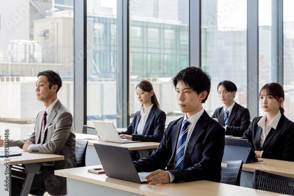 Obraz セミナーに参加するビジネスマン男女
