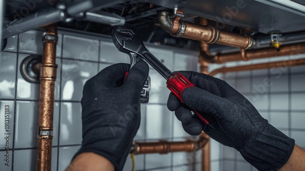 Obraz Plumber Working on Boiler Pipes