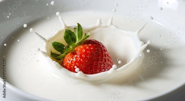 Obraz Fresh strawberry falling into milk splash