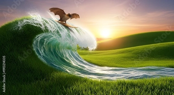 Obraz Bat surfing on grass wave at sunset