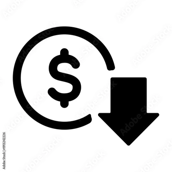 Obraz ドルマークと下落の矢印　コスト減少を表すアイコン