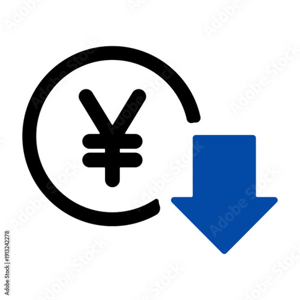 Obraz 円マークと下落の矢印　支出減少を表すアイコン