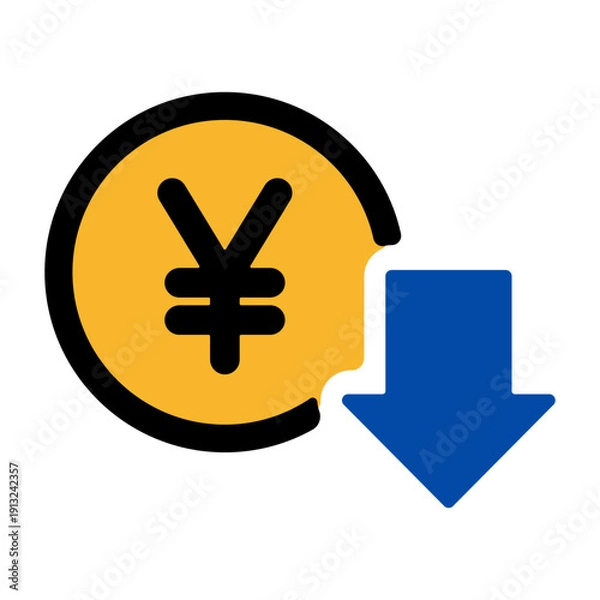 Obraz 円マークと下落の矢印　値下げ・割引を表すアイコン