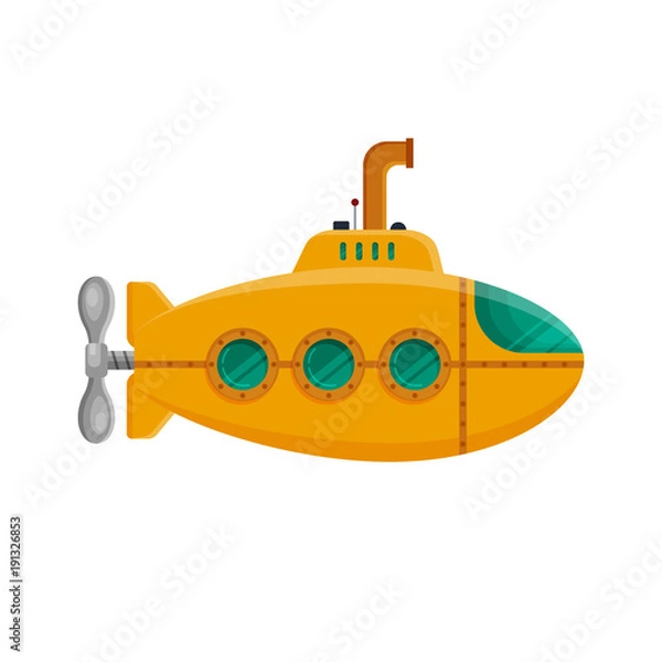 Obraz Yellow submarine with periscope isolated on white background. Colorful underwater sub in flat style. Childish toy - stock vector illustration