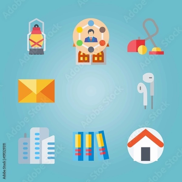Fototapeta Icon set about Real Assets. with vacuum cleaner, lamp and house