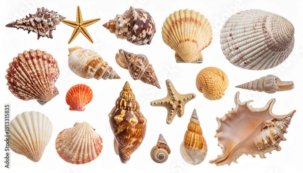 Obraz Exotic seashell collection displayed on white background, studio shot