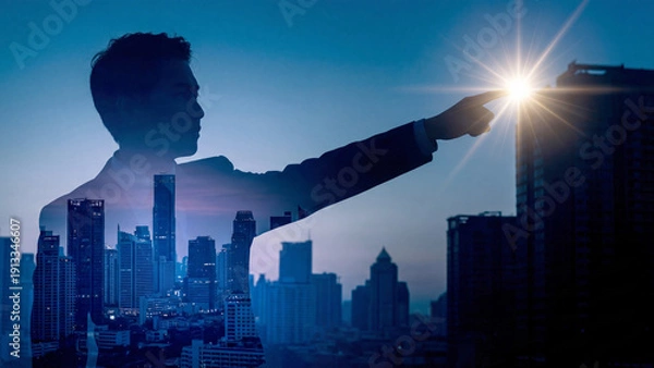 Obraz 都市の夜景と重なるビジネスマンが、きらめく光の先を指し示す二重露光イメージです。青く澄んだトーンが知的な印象を与え、テクノロジーの進化や未来へのビジョン、ビジネスの飛躍的な成功を象徴しています。