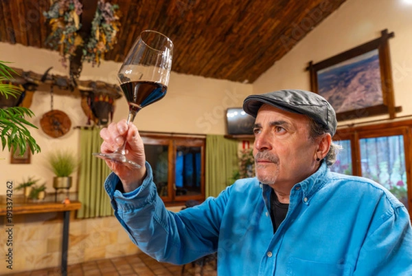 Obraz Man evaluating red wine during tasting session
