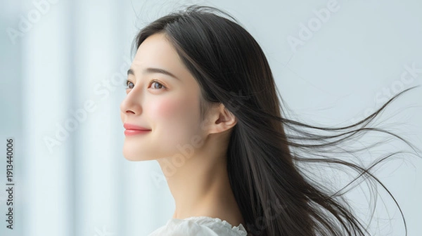 Obraz 風になびく髪が美しいアジア人女性のビューティーポートレート