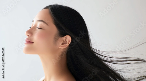 Obraz 自然光の中で微笑むロングヘアの美しいアジア人女性