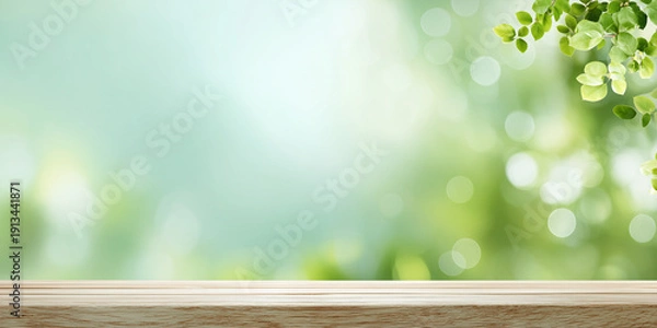Obraz 木製テーブルと緑のボケ背景 コピースペース付き