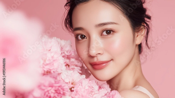 Obraz ピンクの花と微笑む美しいアジア人女性