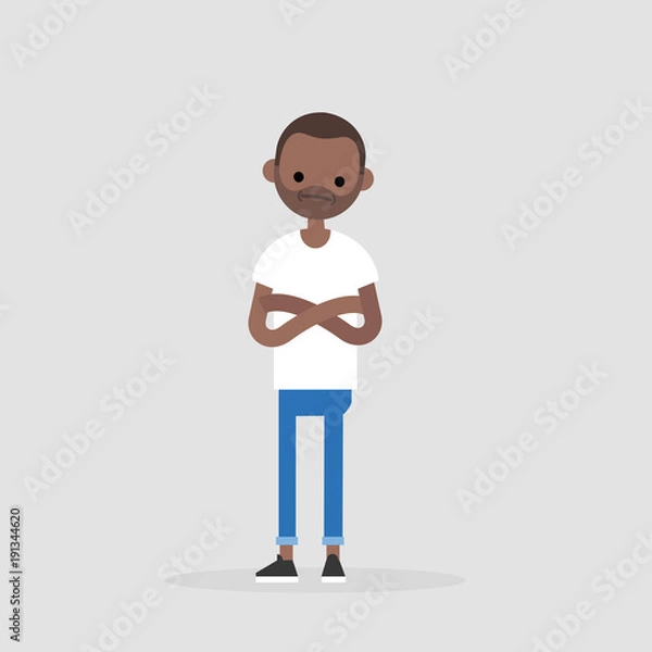 Fototapeta Young black doubting character standing with crossed arms and tilting head. Negative emotions. Concern. / flat editable vector illustration