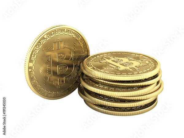 Fototapeta Bitcoin Pile of coins 3D isometric Physical bit coin in gold Digital currency Cryptocurrency Golden coins with symbol isolated on white background 3d render illustration without shadow