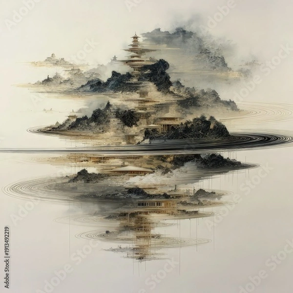 Obraz Minimal Ink Wash Landscape with Floating Mountain Reflection