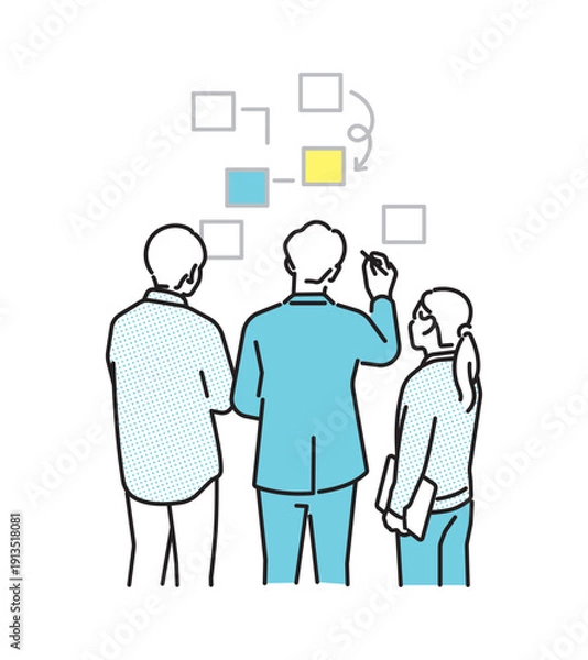 Obraz シンプル　イラスト　ブレインストーミングをするビジネスパーソンの男性と女性　ビジネスシーン