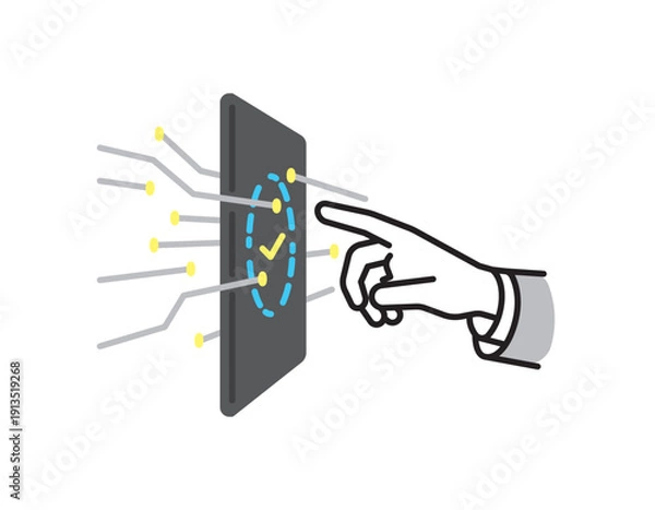 Obraz シンプル　イラスト　指で操作するデジタル認証タッチパネルのセキュリティイラスト　ビジネスシーン