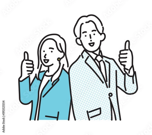 Obraz シンプル　イラスト　笑顔のビジネスパーソンの男性と女性　ビジネスシーン