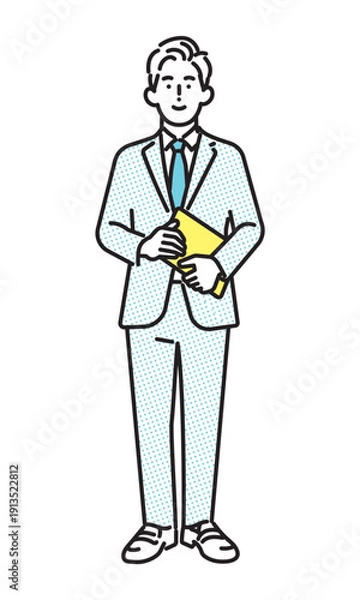 Obraz シンプル　イラスト　笑顔のビジネスパーソンの男性の全身　ビジネスシーン