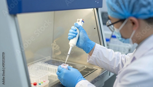 Obraz Scientist Performing Precise Sample Preparation in Biosafety Cabinet