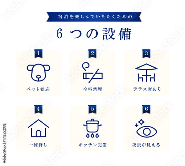 Obraz ロイヤルネイビーのサテンリボンバナーとシャンパンベージュの背景に、ブライトゴールドの数字バッジをあしらった、高級ヴィラ・ホテル向けの「6つの設備」紹介デザインセット