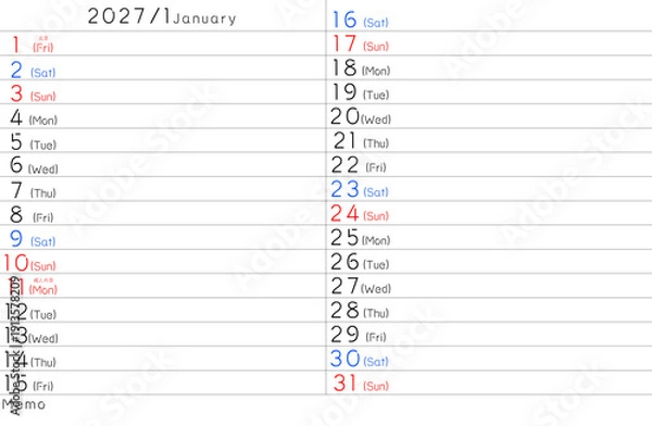 Fototapeta 2027年シンプルカレンター　1月　曜日英語
