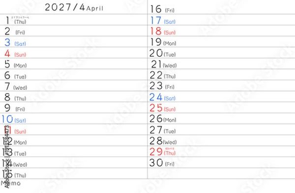 Fototapeta 2027年シンプルカレンター　4月　曜日英語
