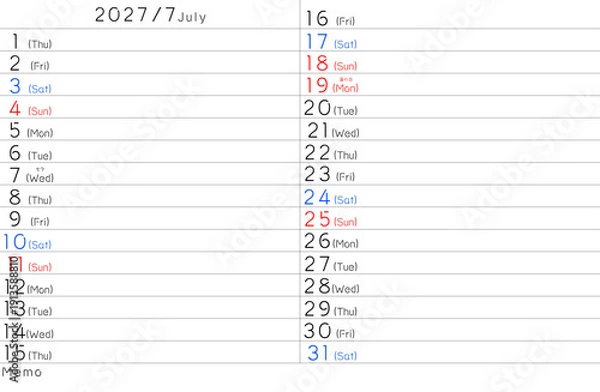 Fototapeta 2027年シンプルカレンター　7月　曜日英語