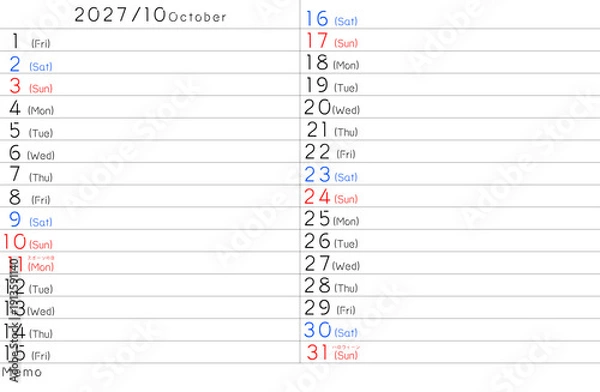 Fototapeta 2027年シンプルカレンター　10月　曜日英語