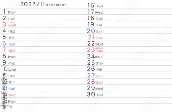 Obraz 2027年シンプルカレンター　11月　曜日英語