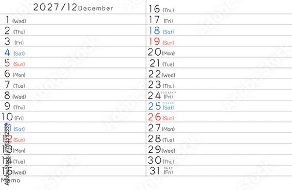 Fototapeta 2027年シンプルカレンター　12月　曜日英語