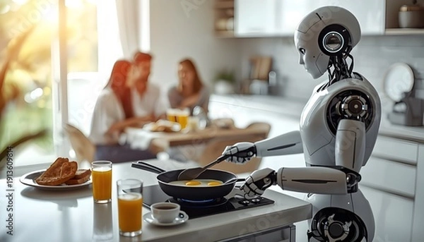 Obraz 人型アンドロイドロボットが料理をしてくれている、未来のライフスタイルの風景