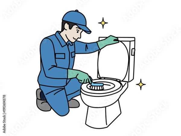 Obraz トイレの掃除をする清掃業者のイラスト