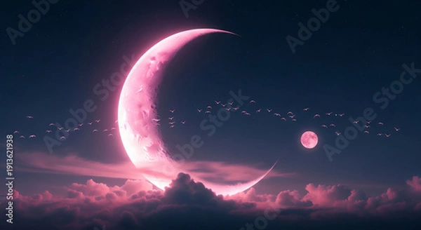 Obraz 雲海に浮かぶ幻想的なピンクの三日月と満月の夜空
