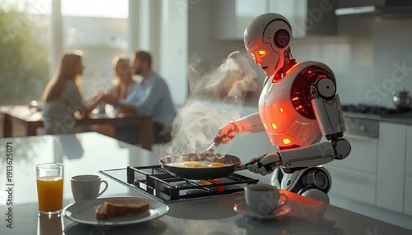 Obraz 怒った様子で家族の料理を作る人型アンドロイドロボット