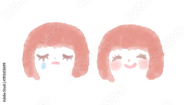 Obraz 女の子の表情イラストセット滲み感ある水彩風