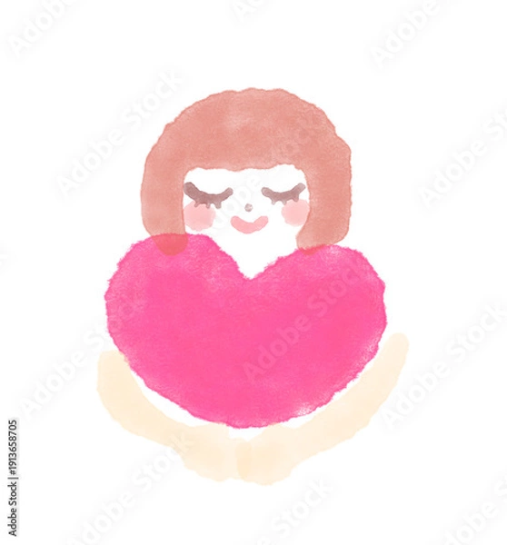 Obraz ハートを持つ女の子の滲み感ある水彩風イラスト