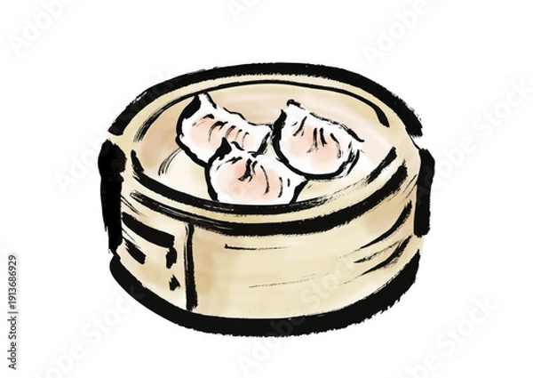 Obraz 蒸篭に入った蒸し餃子の和風筆イラスト素材