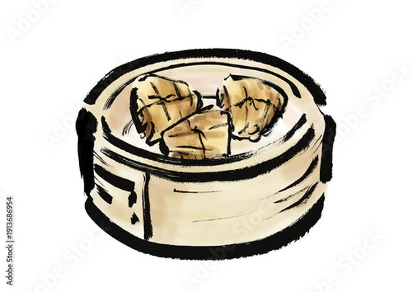 Obraz 蒸篭に入っている竹の皮で包んだおこわの和風筆イラスト素材